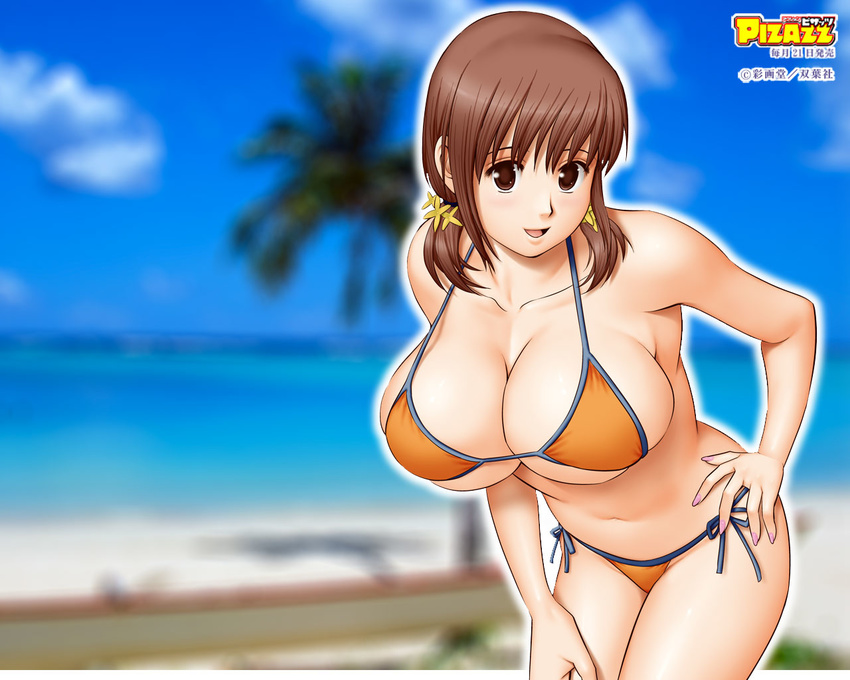 action_pizazz bikini breasts brown_eyes brown_hair cleavage day huge_breasts nail_polish pink_nails saigadou short_twintails side-tie_bikini solo swimsuit twintails wallpaper