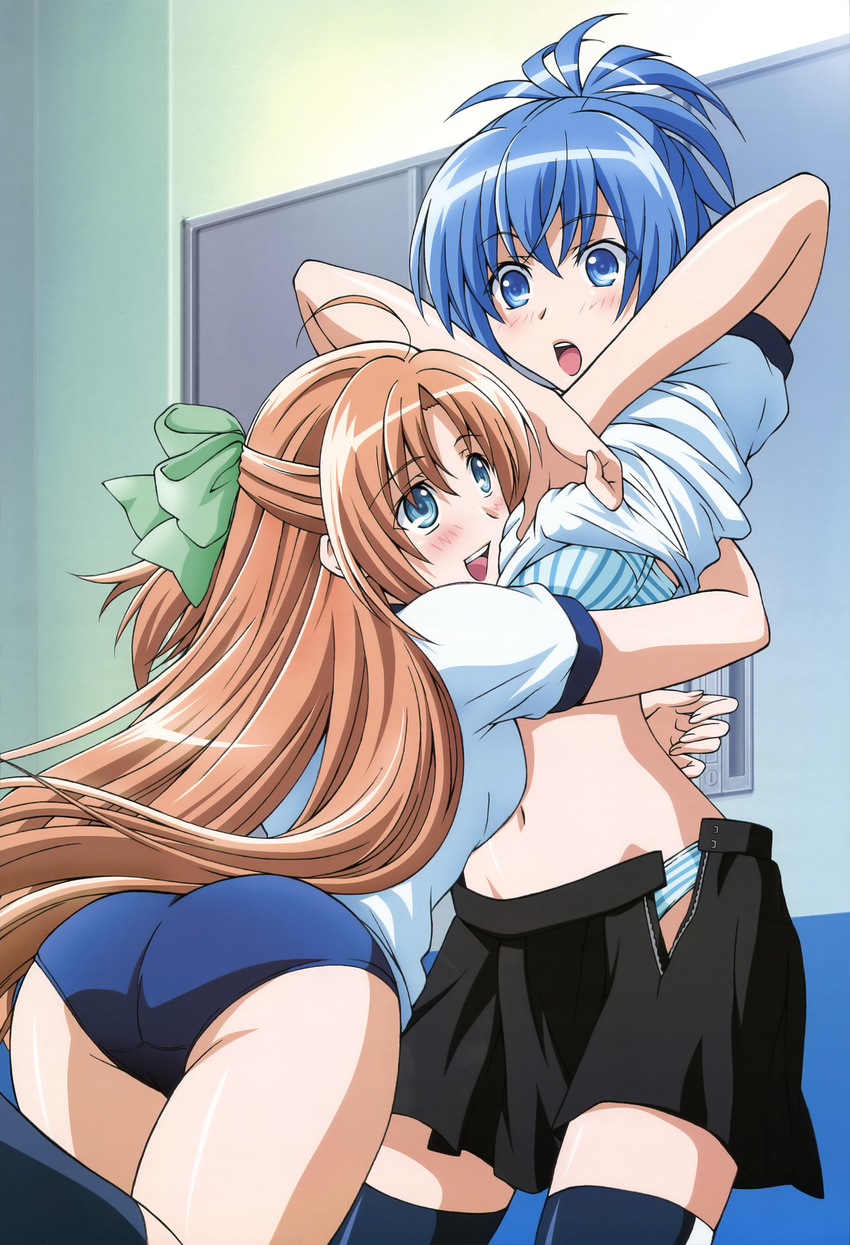 absurdres ass blue_eyes blue_hair blush bow bra brown_hair buruma fujita_mariko genderswap genderswap_(mtf) gym_uniform hair_bow half_updo highres hug kampfer lingerie locker locker_room long_hair midriff multiple_girls navel non-web_source nyantype open_mouth panties ponytail sakura_kaede school_uniform senou_natsuru striped striped_bra striped_panties thighhighs underwear undressing very_long_hair yuri