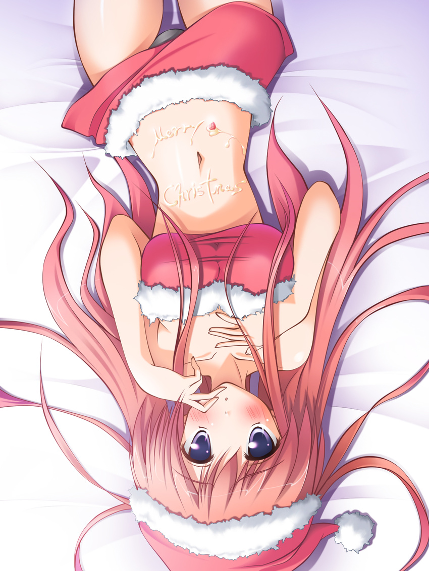 blue_eyes brown_hair christmas collarbone hat highres long_hair lying massan midriff miniskirt navel original panties pink_hair purple_eyes santa_costume santa_hat skirt solo underwear