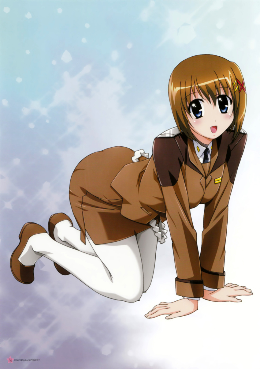 mahou_shoujo_lyrical_nanoha mahou_shoujo_lyrical_nanoha_strikers pantyhose smile tagme tights uniform white_pantyhose yagami_hayate