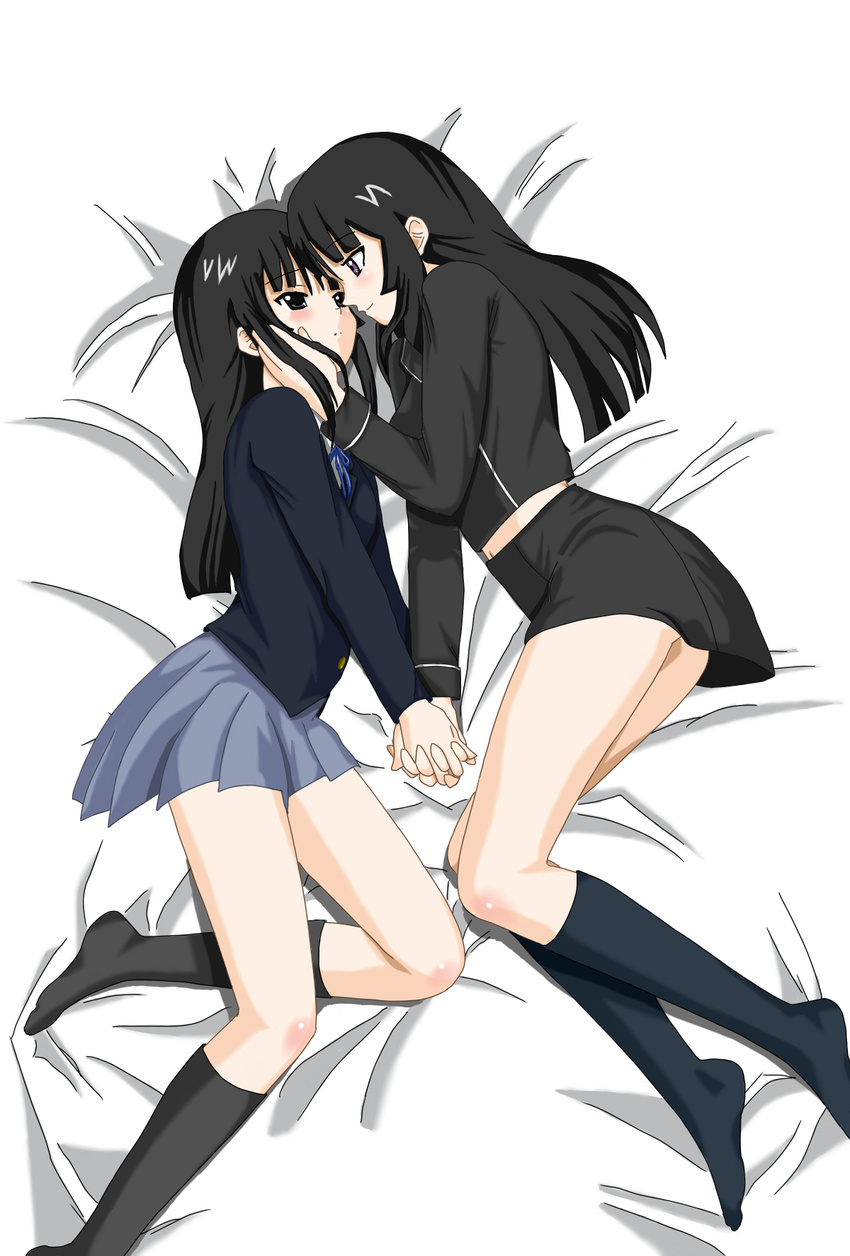 akiyama_mio bad_id bad_pixiv_id bangs bed black_hair blunt_bangs crossover derivative_work eye_contact feet ga-rei ga-rei_zero highres holding_hands interlocked_fingers isayama_yomi k-on! kazuma_(pixiv) kneehighs look-alike looking_at_another multiple_girls school_uniform skirt socks yuri