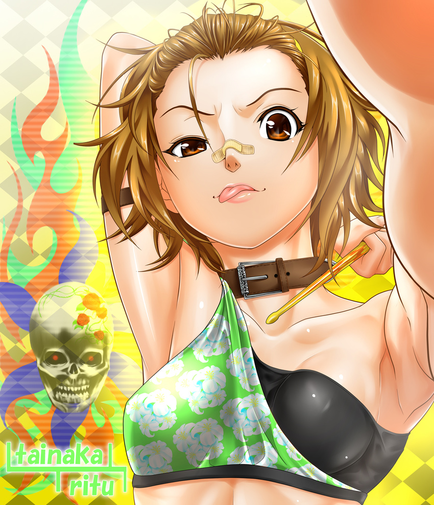 :p arm_behind_head arm_up armpits bad_id bad_pixiv_id bandaid bandaid_on_nose brown_eyes brown_hair checkered collar collarbone drumsticks face hairband highres k-on! outstretched_arm pov short_hair skull solo tainaka_ritsu tomboy tongue tongue_out upper_body zucchini