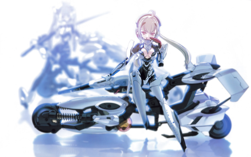 ach ach_stradale ahoge blurry breasts busou_shinki choco depth_of_field doll_joints ground_vehicle mecha_musume medium_breasts motor_vehicle motorcycle multiple_girls red_eyes smile three-wheeler twintails white_hair