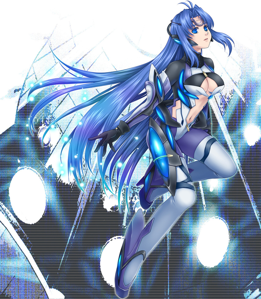 android blue_eyes blue_hair breasts cleavage highres kos-mos kos-mos_ver._3 large_breasts long_hair midriff navel ohse solo xenosaga xenosaga_episode_iii