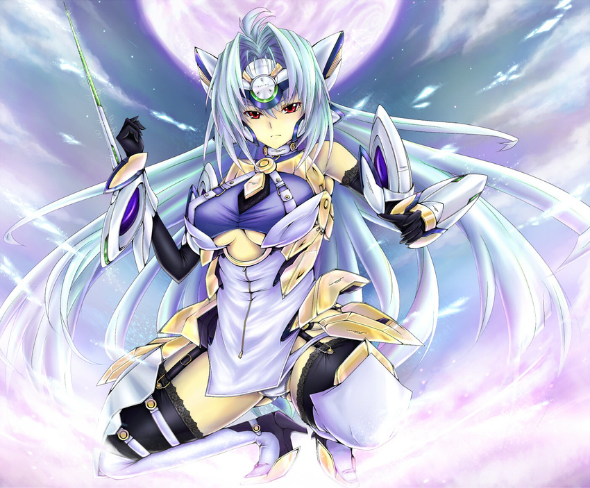 android arm_blade bare_shoulders blade blue_hair boots elbow_gloves gloves high_heels kos-mos kos-mos_ver._4 long_hair md5_mismatch pote_(crown) red_eyes shoes solo thighhighs weapon xenosaga xenosaga_episode_iii