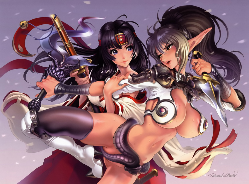 2girls absurdres animal arm_warmers artist_name bare_shoulders black_hair blue_eyes boots bottomless breasts brown_eyes cleavage echidna fighting green_hair headband highres hobby_japan japanese_clothes katana large_breasts leg_up legs long_hair looking_at_another lost_worlds maeda_hiroyuki miko multiple_girls navel official_art open_mouth petals pointy_ears ponytail queen's_blade queen's_blade skindentation snake sweat sword thighhighs tomoe wallpaper weapon