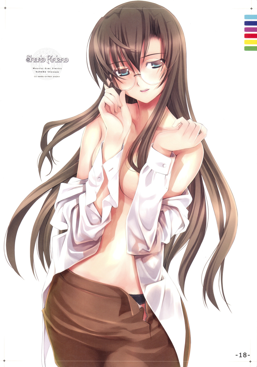 absurdres adjusting_eyewear blue_eyes breasts brown_hair covering covering_breasts glasses highres long_hair lyrical_nanoha mahou_shoujo_lyrical_nanoha_strikers medium_breasts mikazuki_akira! panties pencil_skirt shario_finieno skirt solo underwear undressing