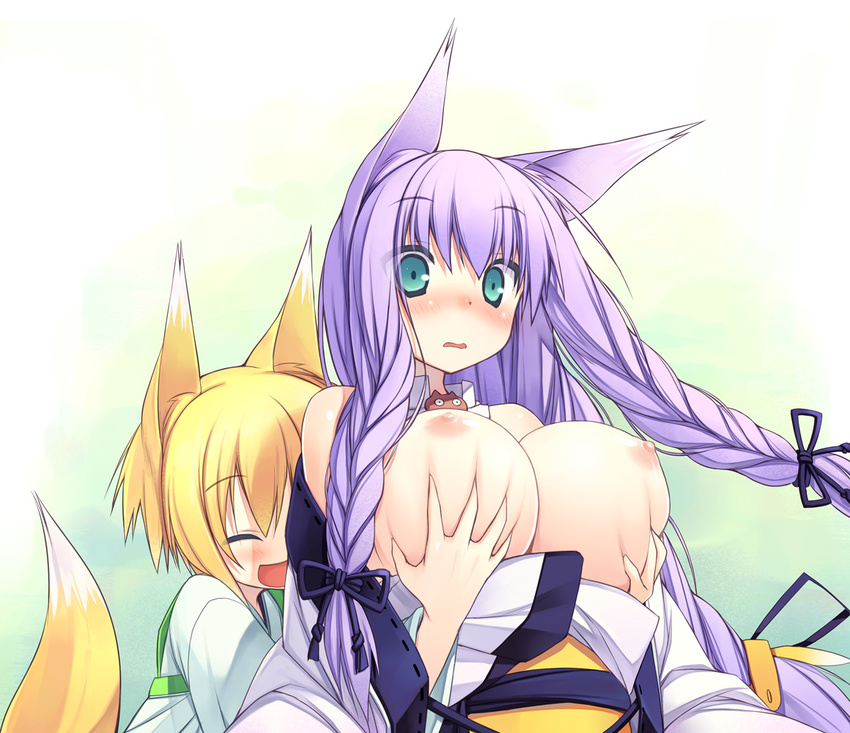 :d ^_^ animal_ears aqua_eyes bad_id bad_pixiv_id blonde_hair blush braid breast_grab breasts closed_eyes deep_skin fox_ears fox_tail grabbing huge_breasts japanese_clothes lavender_hair long_hair momoyama_tsutsune multiple_girls nipples open_mouth original poco_(asahi_age) shiratama_kitsune short_hair smile surprised tail twin_braids wavy_mouth