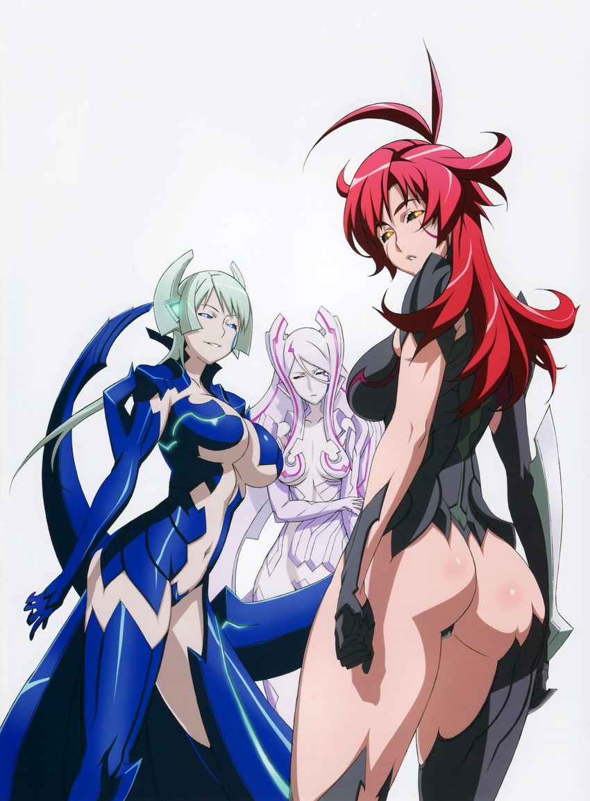 absurdres amaha_masane armor ass bikini_armor black_sclera blade blue_eyes breasts facial_mark glowing glowing_eyes green_hair grin highres large_breasts multiple_girls purple_hair red_hair smile soho_reina tsuzuki_shiori underboob uno_makoto witchblade