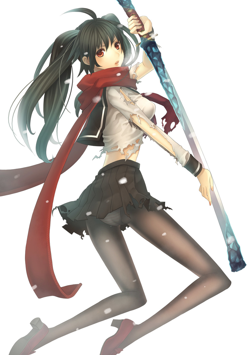 ahoge ass black_hair falseele hands highres lips long_hair nail_polish original panties panties_under_pantyhose pantyhose red_eyes red_scarf scarf school_uniform serafuku skirt solo striped striped_panties sword torn_clothes twintails underwear weapon