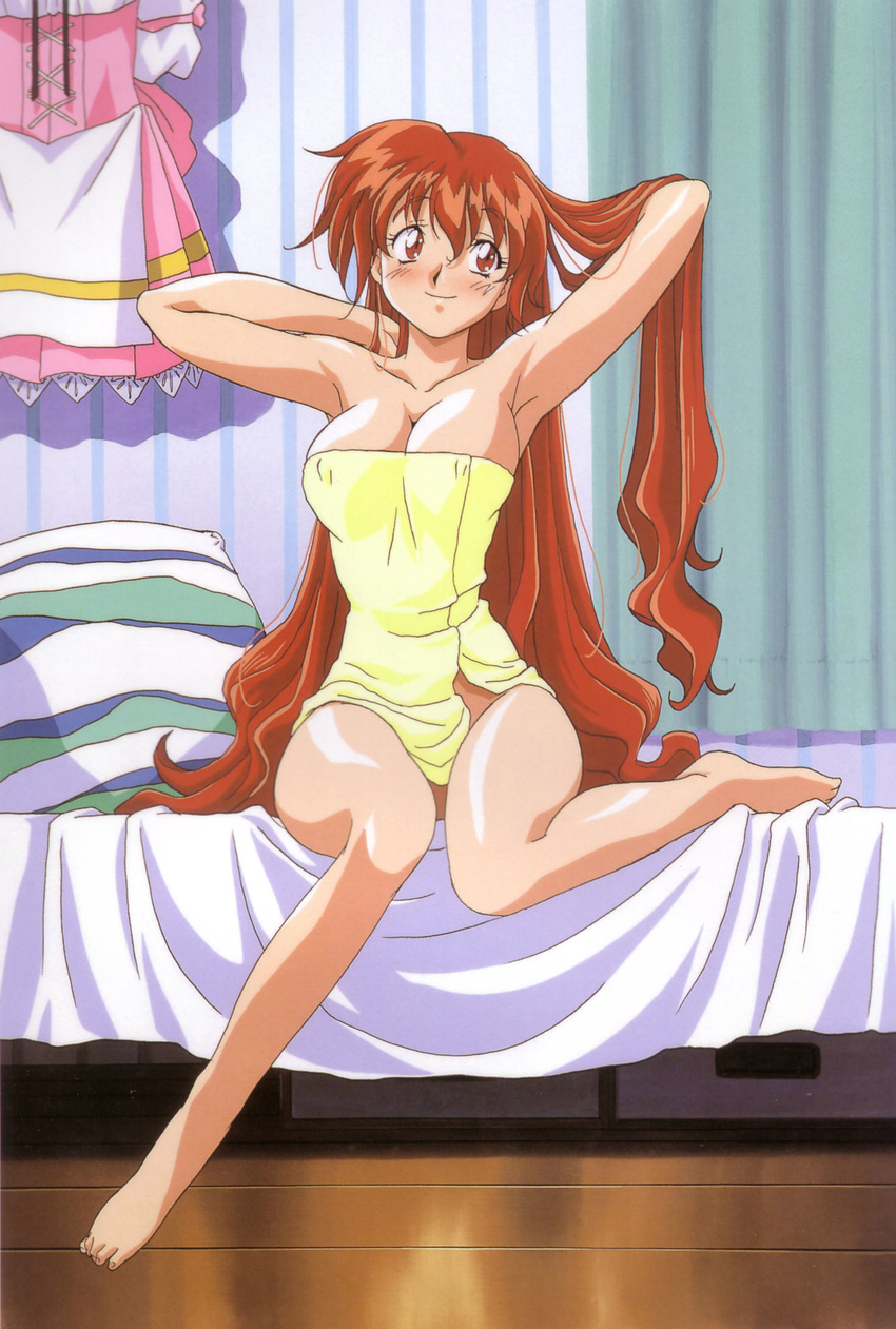 absurdres adjusting_hair akira_(viper) armpits barefoot bed blush breasts cleavage covered_nipples feet highres kimura_takahiro large_breasts legs long_hair long_legs naked_towel pillow red_eyes red_hair sitting smile solo towel very_long_hair viper viper_v16