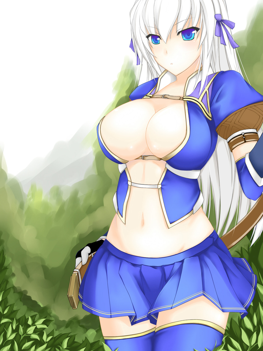 asuru_(armor) bad_id bad_pixiv_id belt blue_eyes breasts cleavage dean highres large_breasts long_hair monster_hunter navel ribbon skirt solo thighhighs white_hair zettai_ryouiki