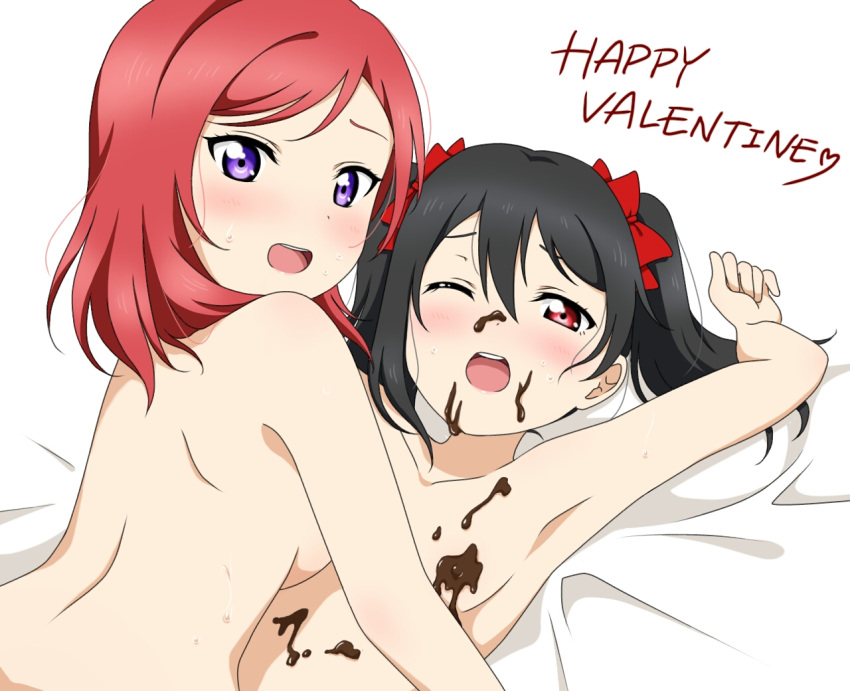 10s 2girls armpits back backboob black_hair blush bow breasts chocolate chocolate_covered chocolate_on_body chocolate_on_breasts chocolate_on_face flat_chest food food_on_breasts food_on_face hair_bow happy_valentine heart looking_at_viewer looking_back love_live! love_live!_school_idol_project lying medium_breasts medium_hair multiple_girls nishikino_maki nude on_back one_eye_closed open_mouth purple_eyes red_bow red_eyes red_hair simple_background siratama_ll twintails white_background yazawa_nico yuri