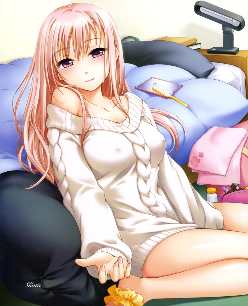 absurdres aran_sweater bare_shoulders barefoot bed between_thighs bottomless breasts copyright_request covered_nipples ginta hands highres indoors lamp large_breasts long_hair mirror naked_sweater no_pants off_shoulder pink_eyes pink_hair shirt_tug smile solo sweat sweater