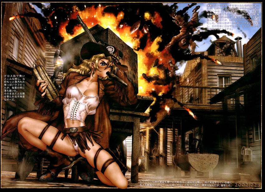 artbook blonde_hair blue_eyes boots breasts cigar cleavage cloud coat cowboy_boots cowboy_hat dynamite explosion fringe_trim gun hat highres jacket juliona_trans kneeling large_breasts leather leather_jacket midriff navel panties sexually_suggestive shirou_masamune shotgun shovel sign sky solo thigh_strap translation_request underwear weapon western white_panties wild_wet_west