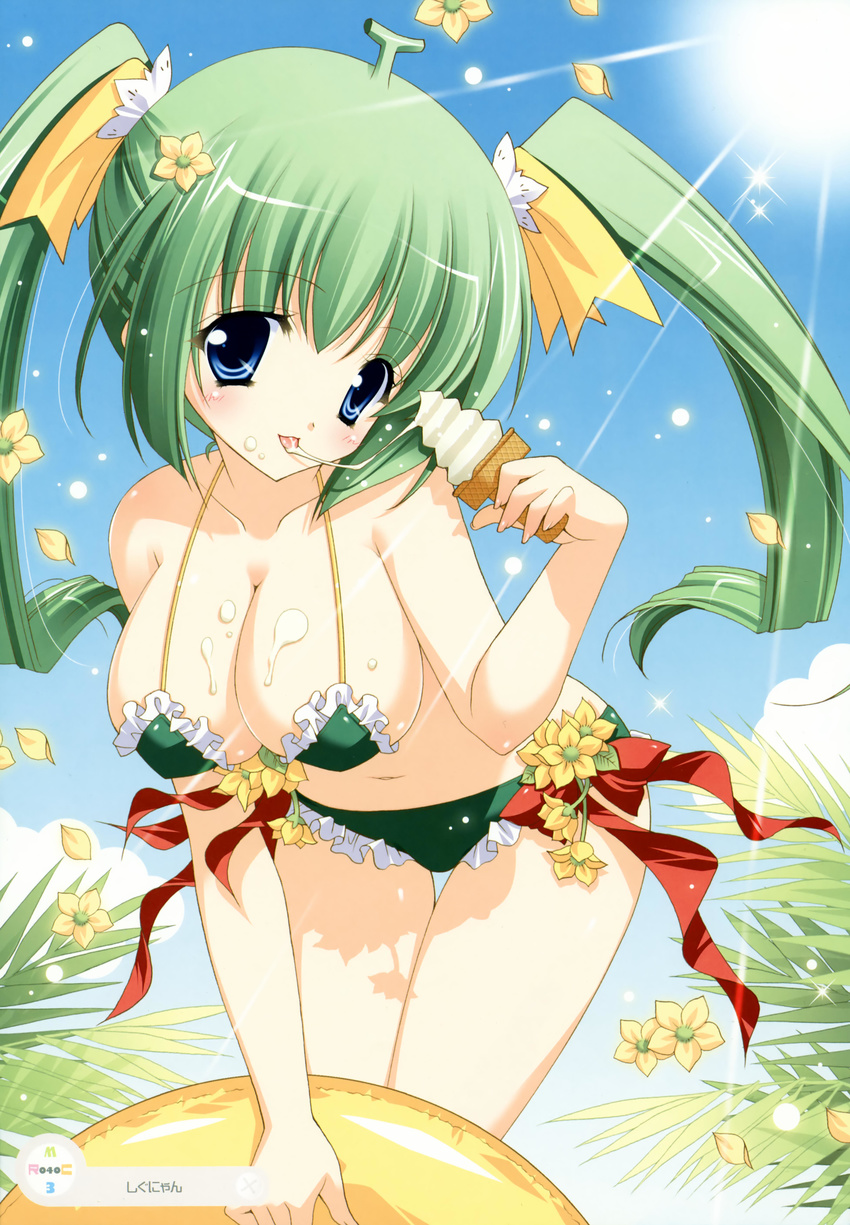 absurdres bikini bikini_top blue_eyes blush bow breasts cleavage day flower food green_hair hanging_breasts highres huge_breasts ice_cream innertube melon-chan melonbooks sexually_suggestive shigunyan solo sun swimsuit twintails yellow_bow