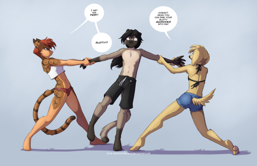 2016 anthro aron_(jay_naylor) audrey_(jay_naylor) barefoot boxers_(clothing) bra breasts canid canine canis clothed clothing conditional_dnp dialogue domestic_cat domestic_dog english_text felid feline felis female fur gloves_(marking) group hi_res jay_naylor male mammal markings midriff panties pawpads shorts siamese socks_(marking) speech_bubble text topless underwear url zoe_(jay_naylor)