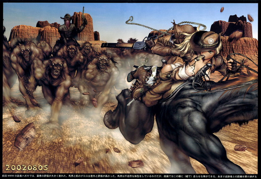 2002 artbook ass bandana blonde_hair blue_eyes boots breasts chain chaps chasing cigar cleavage coat covered_nipples cowboy_boots cowboy_hat dated desert fingerless_gloves fringe_trim gloves glowing glowing_eyes gun handgun hat high_heels highres holster horse jacket juliona_trans leather leather_jacket medium_breasts mesa monster outdoors panties phallic_symbol revolver rock saddle sexually_suggestive shirou_masamune shoes sky spurs translation_request underwear weapon western wild_wet_west