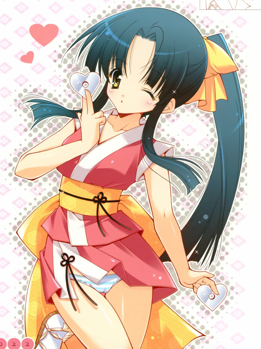 absurdres black_hair copyright_request highres japanese_clothes kimono long_hair panties ponytail shigunyan solo striped striped_panties underwear