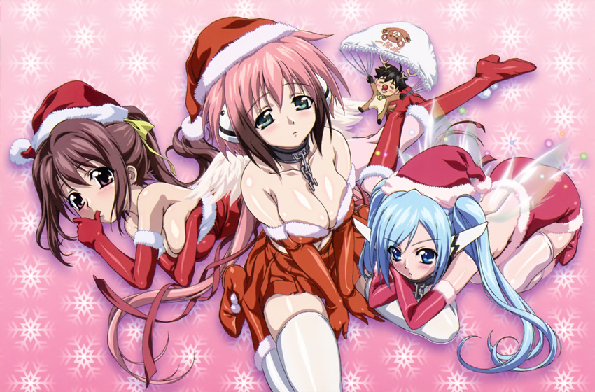 absurdres animal_costume antlers arm_support bare_shoulders bell black_hair blue_eyes blue_hair blush boots breasts brown_hair christmas cleavage closed_eyes elbow_gloves flipkidd23 gloves green_eyes hair_ribbon hat highres ikaros large_breasts long_hair mitsuki_sohara multiple_girls nymph_(sora_no_otoshimono) panties pink_hair ponytail reindeer_costume ribbon sakurai_tomoki santa_costume santa_hat shiny shiny_skin short_hair sora_no_otoshimono thighhighs thumb_sucking twintails underwear wings