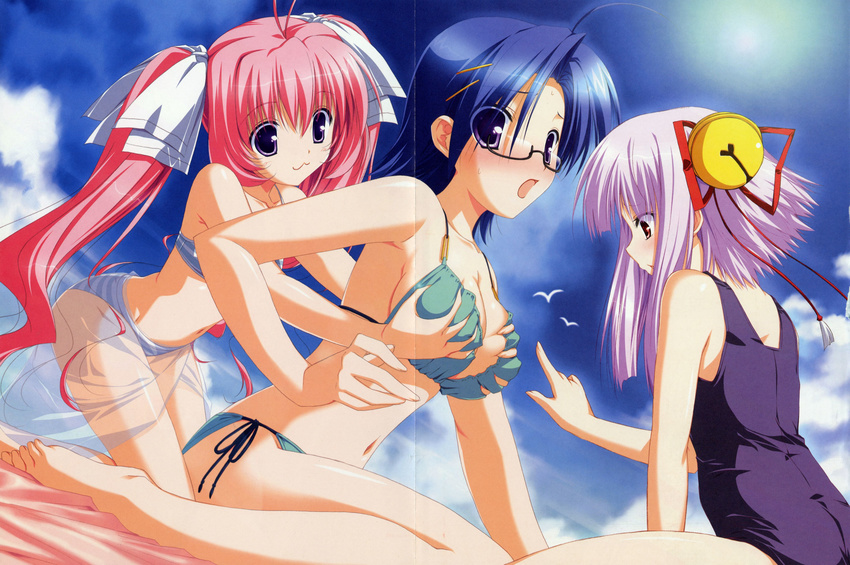 :3 absurdres ahoge barefoot bikini blue_hair blue_sarong blush breast_grab breasts cloud copyright_request crease day glasses grabbing green_bikini highres large_breasts long_hair multiple_girls navel one-piece_swimsuit pink_hair purple_eyes purple_hair purple_school_swimsuit sakaki_maki sarong scan scan_artifacts school_swimsuit see-through side-tie_bikini sky small_breasts sun swimsuit translucent_sarong twintails yuri