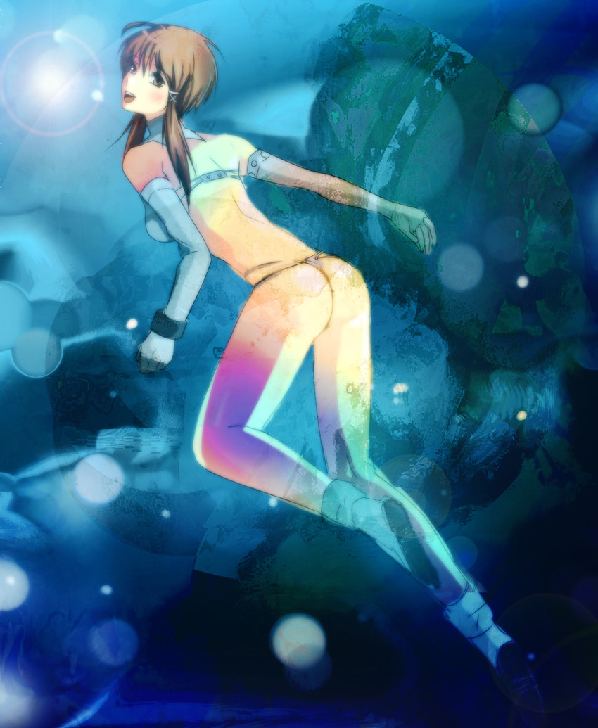 :d airspace ass back bad_id bad_pixiv_id boots brown_eyes brown_hair elbow_gloves flat_ass gloves highres hikari_to_mizu_no_daphne looking_back mizuki_maia open_mouth panties smile solo thong twintails underwater underwear water