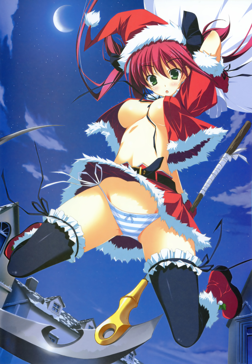 :o absurdres airi_(queen's_blade) blush breasts cleavage frills green_eyes hat highres large_breasts open_clothes open_shirt panties pantyshot queen's_blade red_hair revealing_clothes santa_hat scythe shirt side-tie_panties solo striped striped_panties thighhighs underwear weapon yuuki_hagure