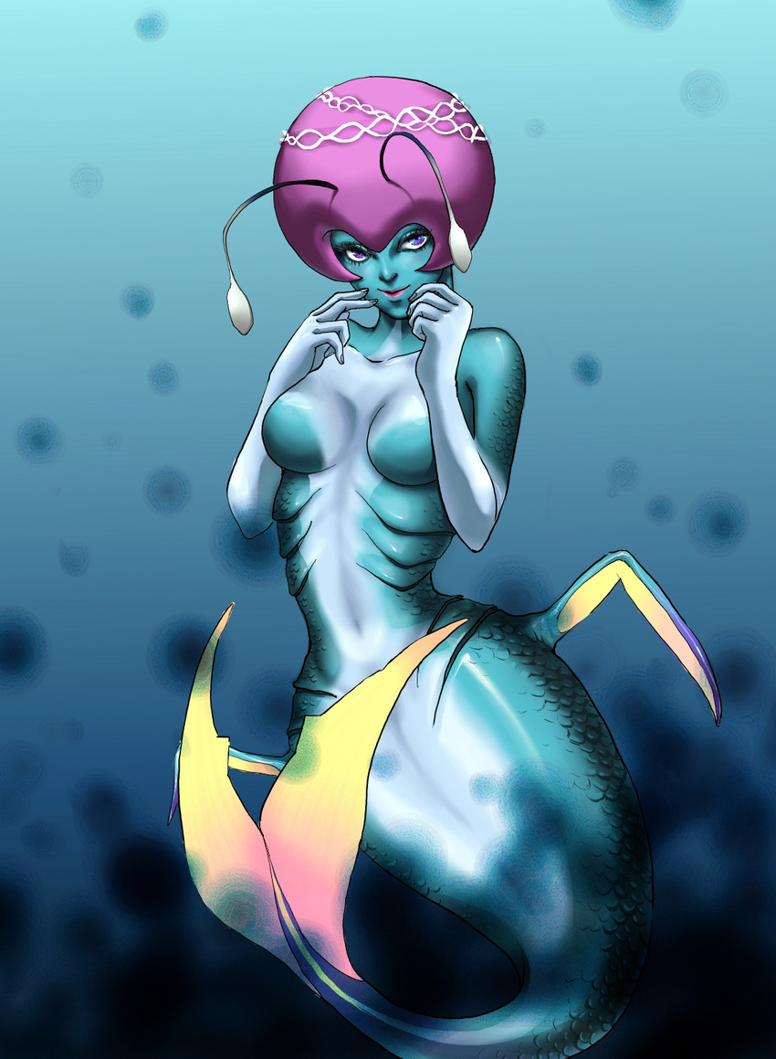 antenna antennae blue_eyes blue_skin breasts eruzadoru folkssoul gills highres mermaid monster_girl scales