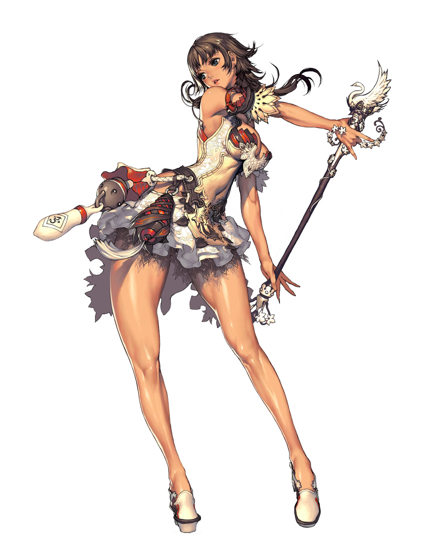 absurdres armband bare_legs blue_eyes breasts brown_hair cleavage highres kim_hyung_tae large_breasts legs lips lipstick long_hair magna_carta magna_carta_2 makeup miniskirt pleated_skirt shoes skirt solo staff standing tank_top wide_hips zephie_(magna_carta)