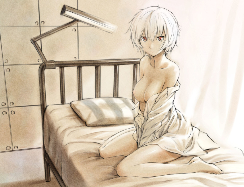 ayanami_rei bangs bare_legs bare_shoulders barefoot bed breast_slip breasts closed_mouth collarbone curtains dress_shirt face feet from_side full_body hair_between_eyes homunculus_(artist) indoors lamp legs light_smile looking_at_viewer medium_breasts naked_shirt neon_genesis_evangelion nipples no_bra no_pants off_shoulder on_bed one_breast_out open_clothes open_shirt pillow red_eyes sepia sepia_background shirt short_hair sitting smile solo v_arms wariza white white_hair