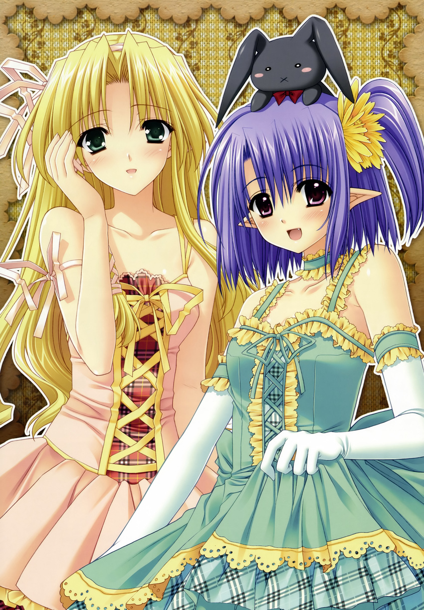 :d :x absurdres bangs bare_arms bare_shoulders blonde_hair blush breasts bunny choker collarbone cross-laced_clothes daisy_(shuffle!) dress dress_lift elbow_gloves fang flower frilled_choker frilled_dress frilled_gloves frilled_straps frills gloves green_choker green_dress green_eyes green_ribbon hair_flower hair_ornament highres kareha lace lace-trimmed_dress lavender_hair long_hair looking_at_viewer multiple_girls nishimata_aoi object_on_head official_art open_mouth plaid plaid_dress pointy_ears ponytail purple_eyes ribbon scan short_hair shuffle! shuffle!_essence+ side_ponytail small_breasts smile spaghetti_strap stuffed_animal stuffed_bunny stuffed_toy suzuhira_hiro very_long_hair white_gloves