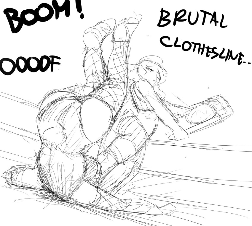 anthro big_breasts black_and_white boss_lamb_(hladilnik) bovid breasts caprine cleavage clothed clothing dialogue english_text female fight hladilnik imminent_pain lagomorph mammal metal_chair monochrome pro_bun_(hladilnik) rabbit text wrestling wrestling_match