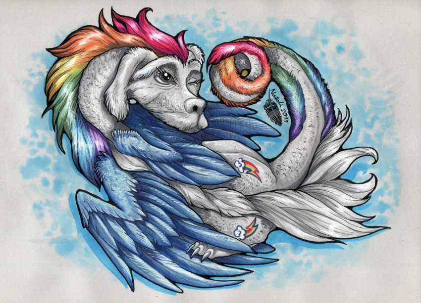 2019 blue_feathers dragon feathered_dragon feathered_wings feathers feral hair multicolored_hair natoli rainbow_hair solo wings