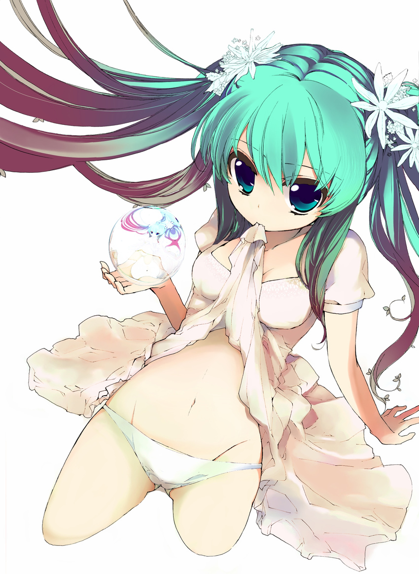 blue_eyes colorized dress dress_in_mouth dress_lift fk flower giuniu globe green_hair hair_flower hair_ornament hands highres kneeling midriff mouth_hold original panties solo twintails underwear