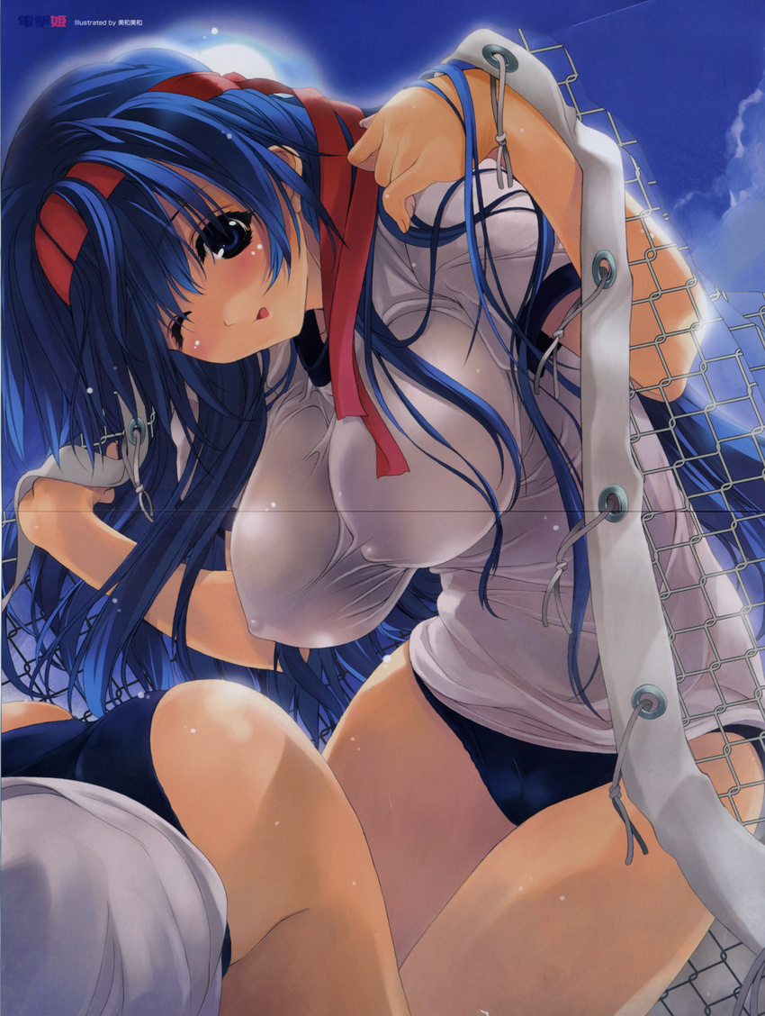 absurdres ass bent_over blue_eyes blue_hair breasts buruma cloud copyright_request covered_nipples gym_uniform hanging_breasts headband highres huge_breasts leaning_forward long_hair miwa_yoshikazu night one_eye_closed open_mouth outdoors sky smile solo volleyball volleyball_net wide_hips