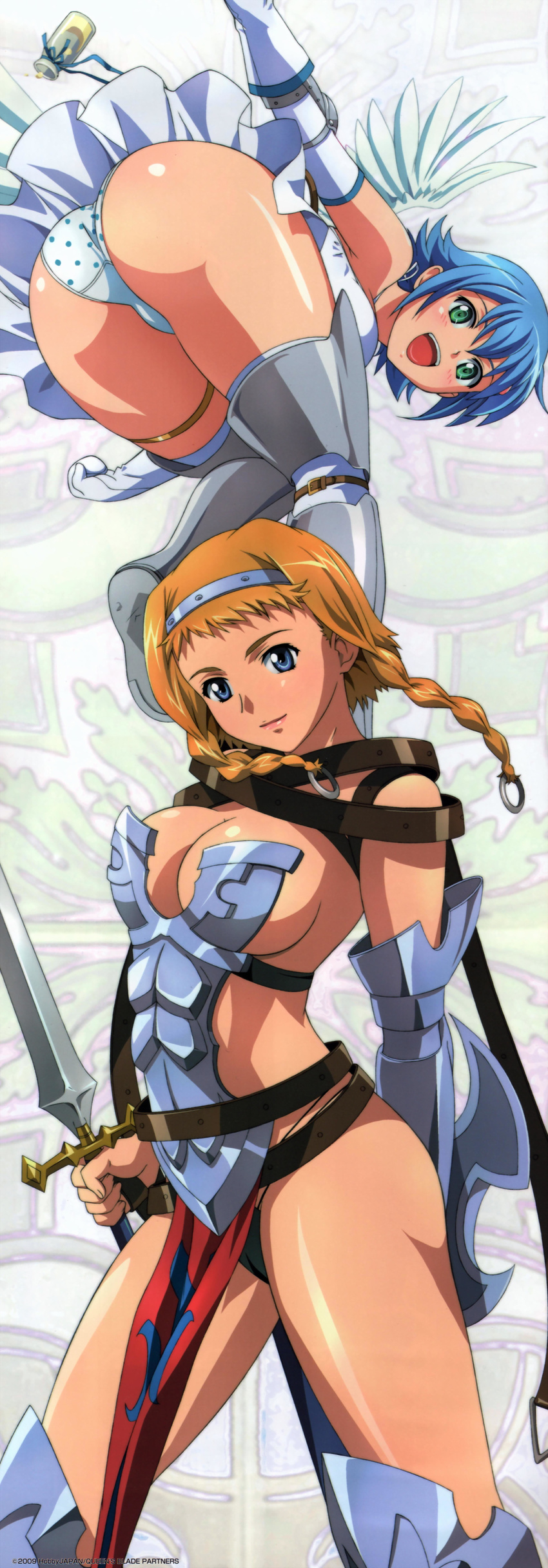 absurdres angel angel_wings armor ass asymmetrical_wings blonde_hair blue_eyes blue_hair braid breasts buckle cleavage elbow_gloves gloves green_eyes hairband highres incredibly_absurdres large_breasts leina long_hair multiple_girls nanael panties polka_dot polka_dot_panties queen's_blade revealing_clothes rin-sin scan shield short_hair skirt sword thighhighs twin_braids twintails underwear weapon wings