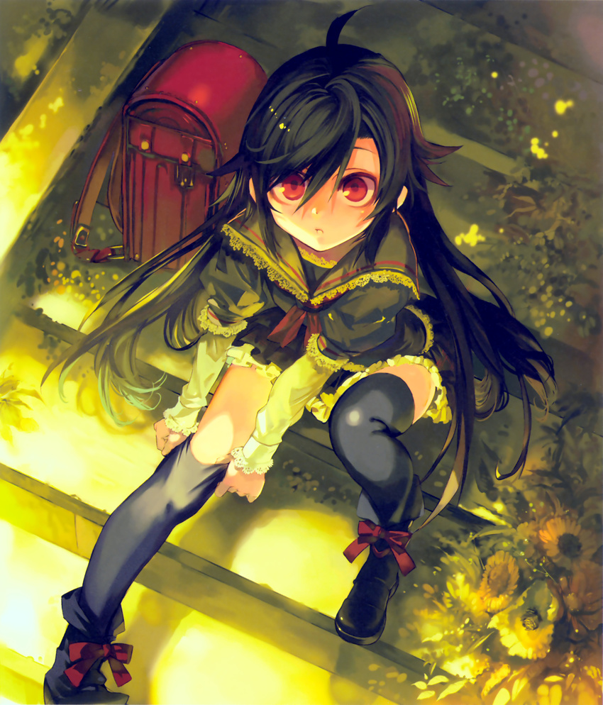 absurdres adjusting_clothes adjusting_legwear ahoge backpack bag black_hair child flower frills from_above highres kuhouin_murasaki kure-nai long_hair looking_up randoseru red_eyes ribbon school_bag school_uniform serafuku sitting sitting_on_stairs skirt sock_pull solo stairs thighhighs yamamoto_yamato zettai_ryouiki