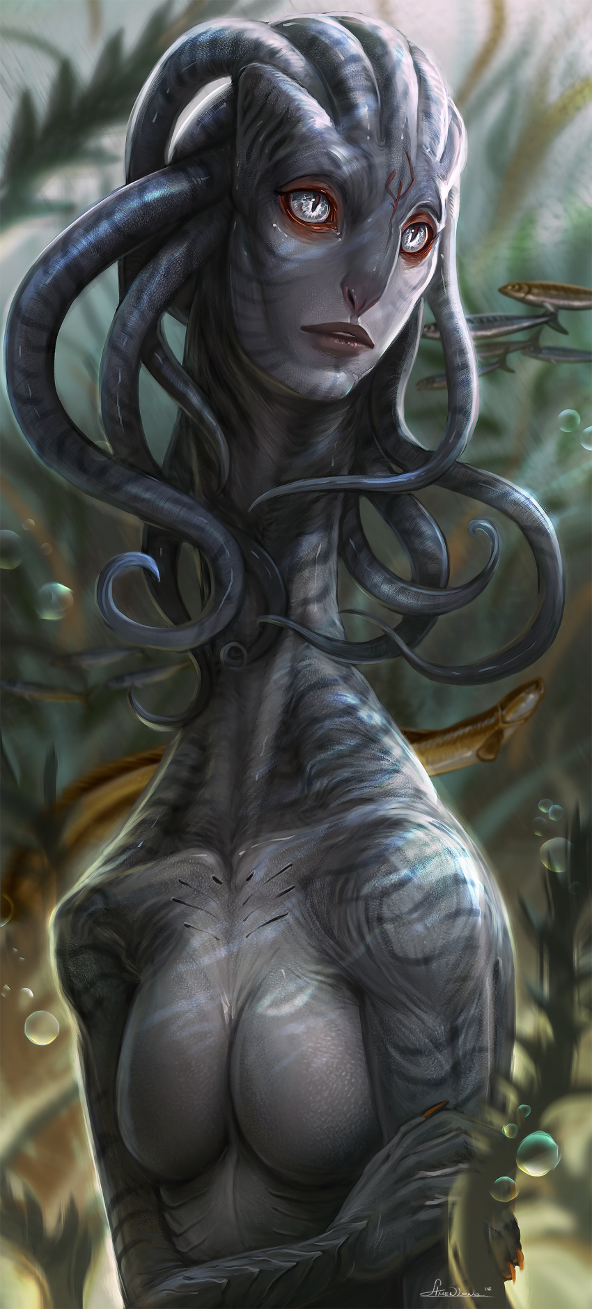 2018 5_fingers alien amenlona anthro blue_eyes breasts detailed_background digital_media_(artwork) featureless_breasts female fish marine merfolk non-mammal_breasts solo