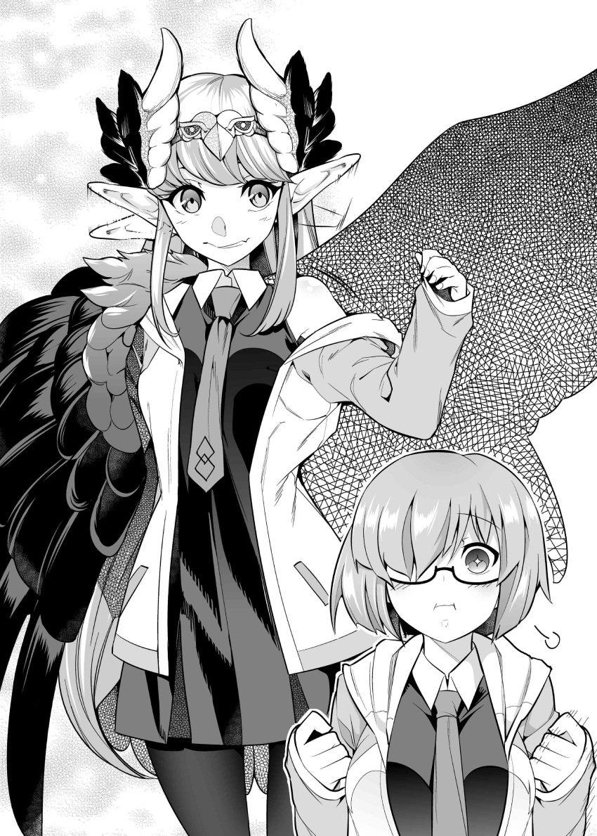 :t absurdres black_dress black_legwear blush breasts circe_(fate/grand_order) closed_mouth commentary_request cosplay dress fate/grand_order fate_(series) feathered_wings flapping_ears glasses greyscale head_wings highres ichihara_kazuma jacket jewelry long_hair long_pointy_ears looking_at_viewer mash_kyrielight mash_kyrielight_(cosplay) monochrome multiple_girls necktie open_mouth pantyhose pointy_ears pout short_hair smile wings