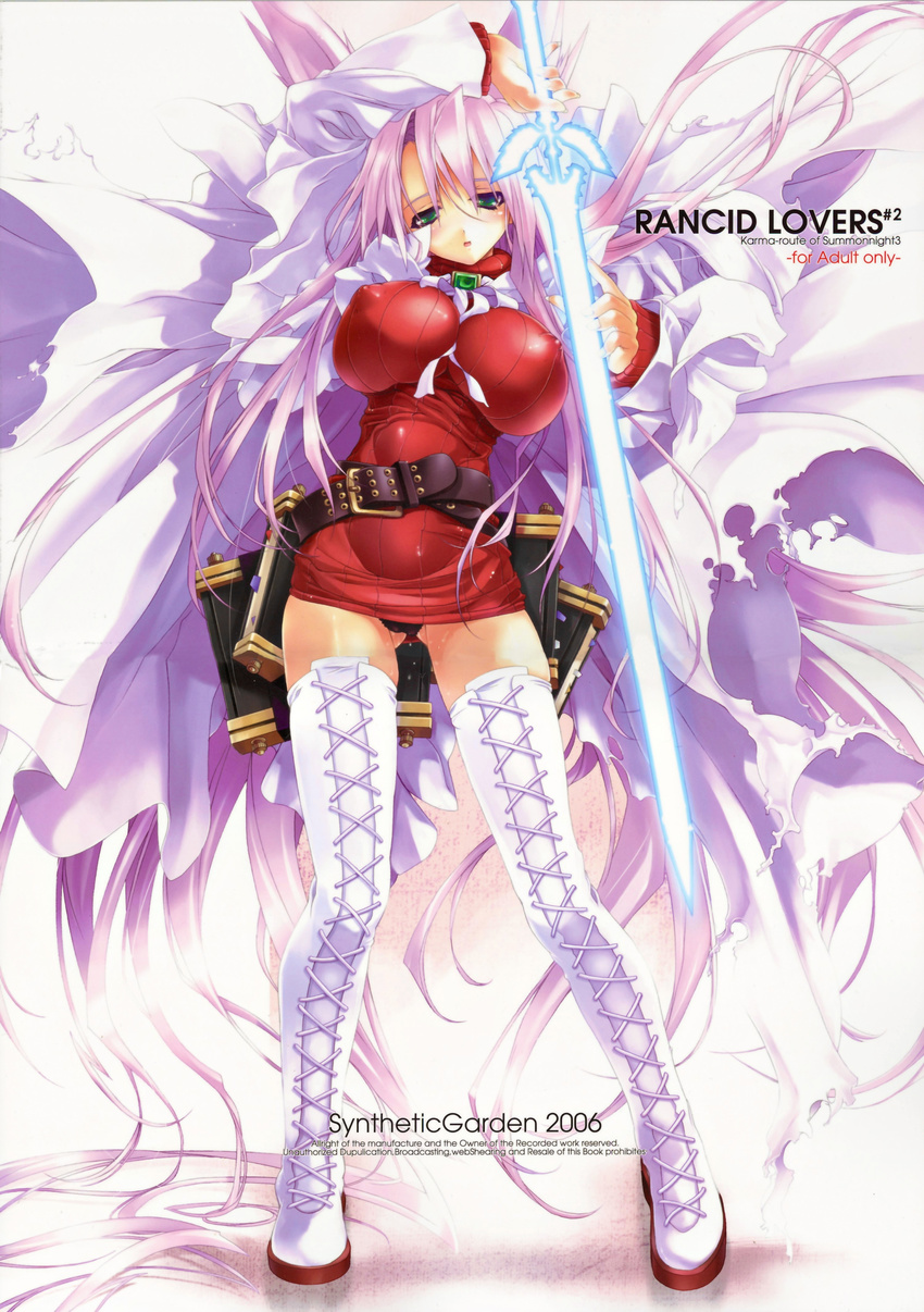 absurdres aty_(summon_night) belt black_panties boots breasts covered_nipples green_eyes highres large_breasts legs long_hair loose_belt miniskirt miwa_yoshikazu open_mouth panties pink_hair skirt skirt_lift solo summon_night summon_night_3 sword thigh_boots thighhighs underwear very_long_hair weapon white_footwear