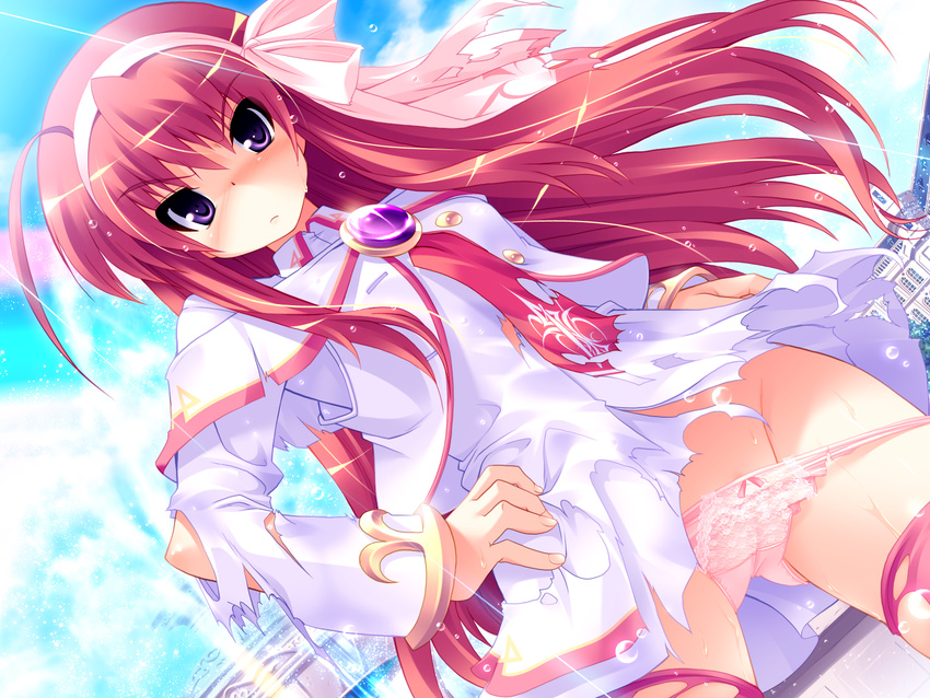 ahoge blush bow bow_panties day hairband hands_on_hips highres lace long_hair outdoors panties panty_pull pantyshot pink_hair pink_panties prim_rina_oaklane primary_~magical_trouble_scramble~ purple_eyes ribbon solo thighhighs torn_clothes tsurugi_hagane underwear very_long_hair wallpaper