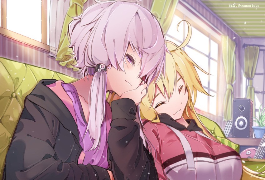 2girls ahoge blonde_hair cheek_rest collarbone commentary couch curtains eyes_closed guitar hair_tie hand_on_own_cheek indoors instrument jacket leaning_on_person light_blush long_hair looking_at_viewer multiple_girls plant potted_plant purple_hair short_hair_with_long_locks sitting smile speaker tsurumaki_maki twitter_username upper_body vocaloid voiceroid wanaxtuco window yuzuki_yukari
