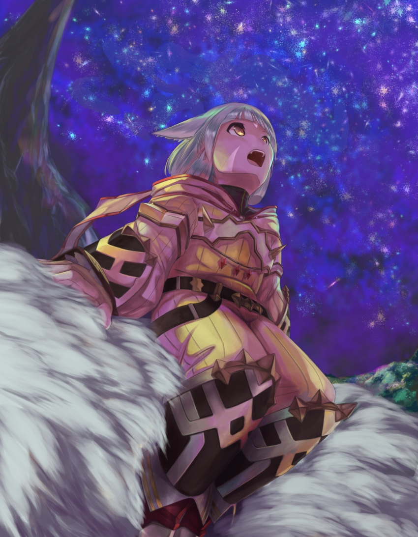 1girl animal_ears bodysuit byakko_(xenoblade) cat_ears facial_mark from_below fur gloves highres looking_up night night_sky nintendo niyah open_mouth riding short_hair sitting sky white_gloves xenoblade_(series) xenoblade_2 yellow_eyes