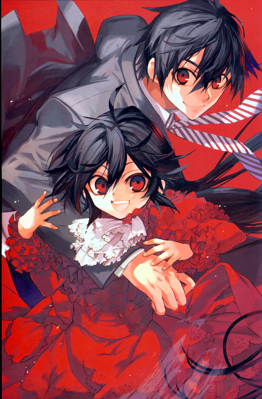 1girl absurdres black_hair child dress formal frills highres kuhouin_murasaki kure-nai kurenai_shinkurou long_hair necktie red_eyes smile suit yamamoto_yamato