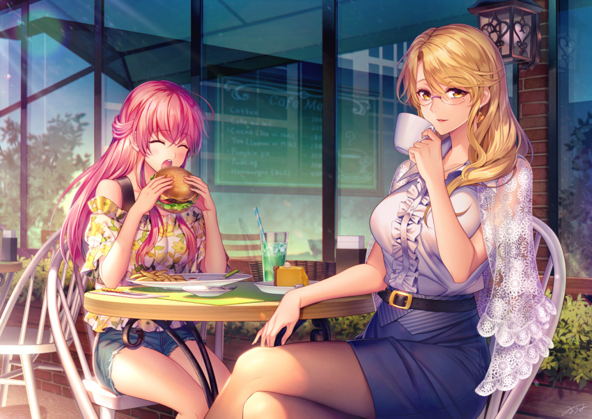 2girls ^_^ ^o^ ahoge bare_shoulders belt black_belt blonde_hair blue_skirt breasts closed_eyes commentary_request cup denim denim_shorts eating eyebrows_visible_through_hair eyes_closed food fries glasses hamburger holding holding_cup holding_food large_breasts long_hair looking_at_viewer milcho mole mole_under_eye multiple_girls off-shoulder_shirt off_shoulder original outdoors pink_hair shirt shoal shorts sitting skirt sleeveless sleeveless_shirt soda yellow_eyes