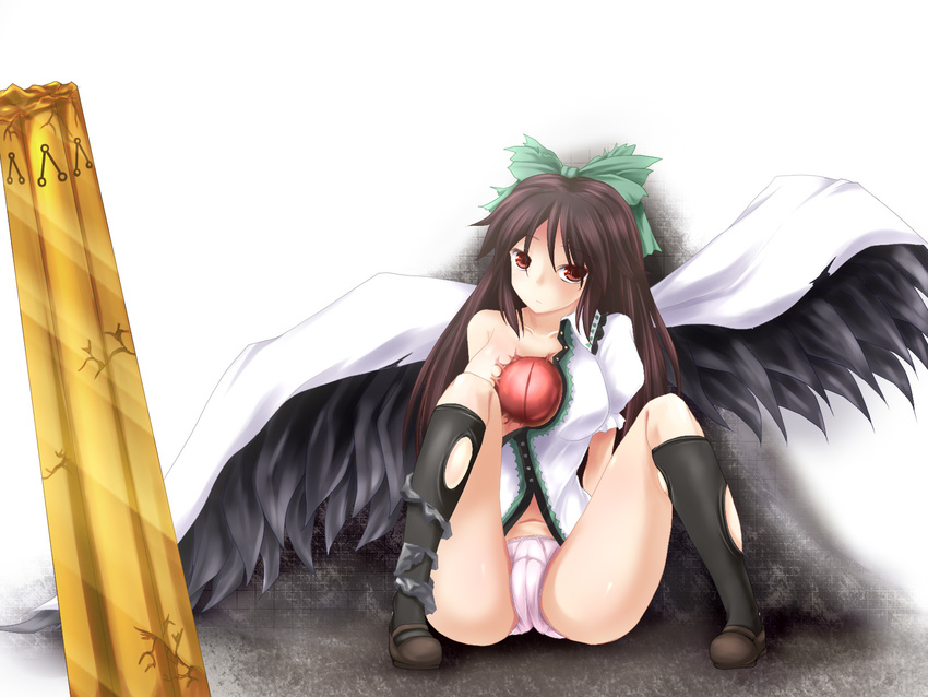 arm_cannon bare_shoulders black_hair bow green_bow hair_bow highres large_wings long_hair negamaro no_pants panties pantyshot red_eyes reiuji_utsuho sitting solo thighs touhou underwear weapon wings