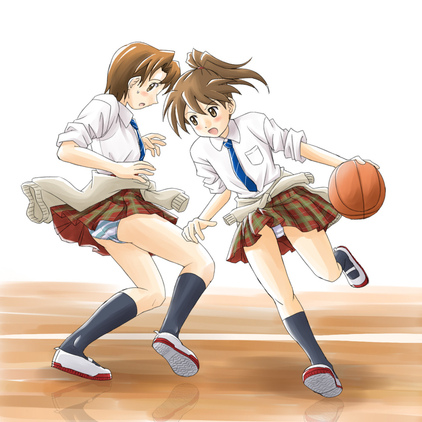 basketball brown_hair dribbling fujimoto_atsuko gym highres lielos multiple_girls original panties pantyshot poniko_(lielos) ponytail reflection school_uniform short_hair skirt sleeves_rolled_up striped striped_panties underwear upskirt