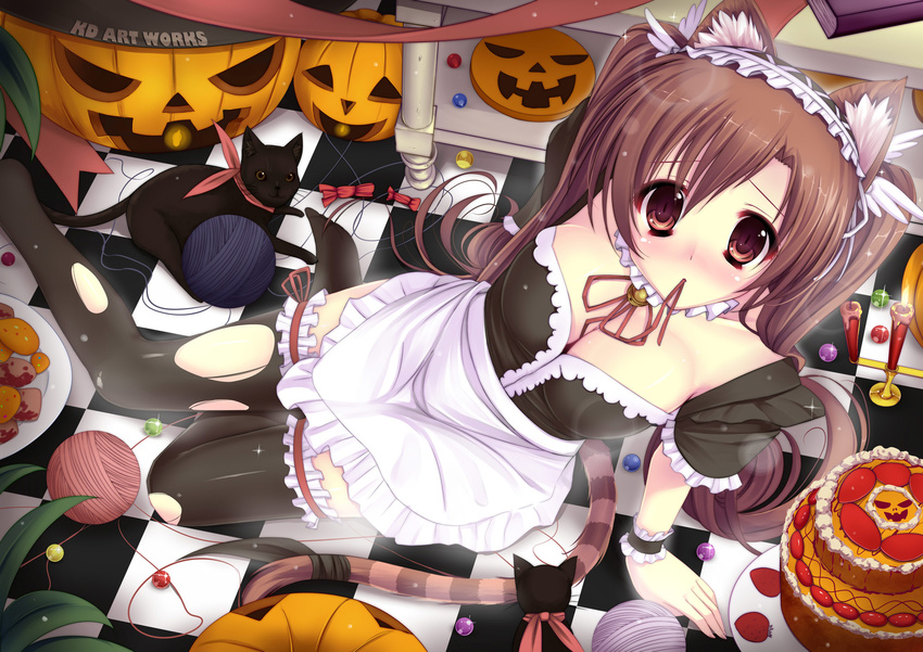 animal_ears bell between_breasts black_legwear blush breasts brown_eyes brown_hair caidychen cake candle cat cat_ears cleavage food fruit garters halloween highres jack-o'-lantern jingle_bell large_breasts long_hair maid mouth_hold original pastry pumpkin ribbon slit_pupils solo strawberry tail tail_ribbon thighhighs torn_clothes torn_legwear twintails yarn yarn_ball