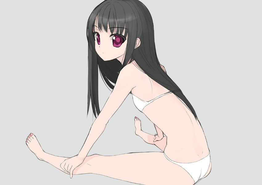 amatsuka_urara baby_princess barefoot bikini black_hair feet flat_chest hands kusaka_souji leaning_forward long_hair nail_polish pink_nails red_eyes sitting solo swimsuit toenail_polish