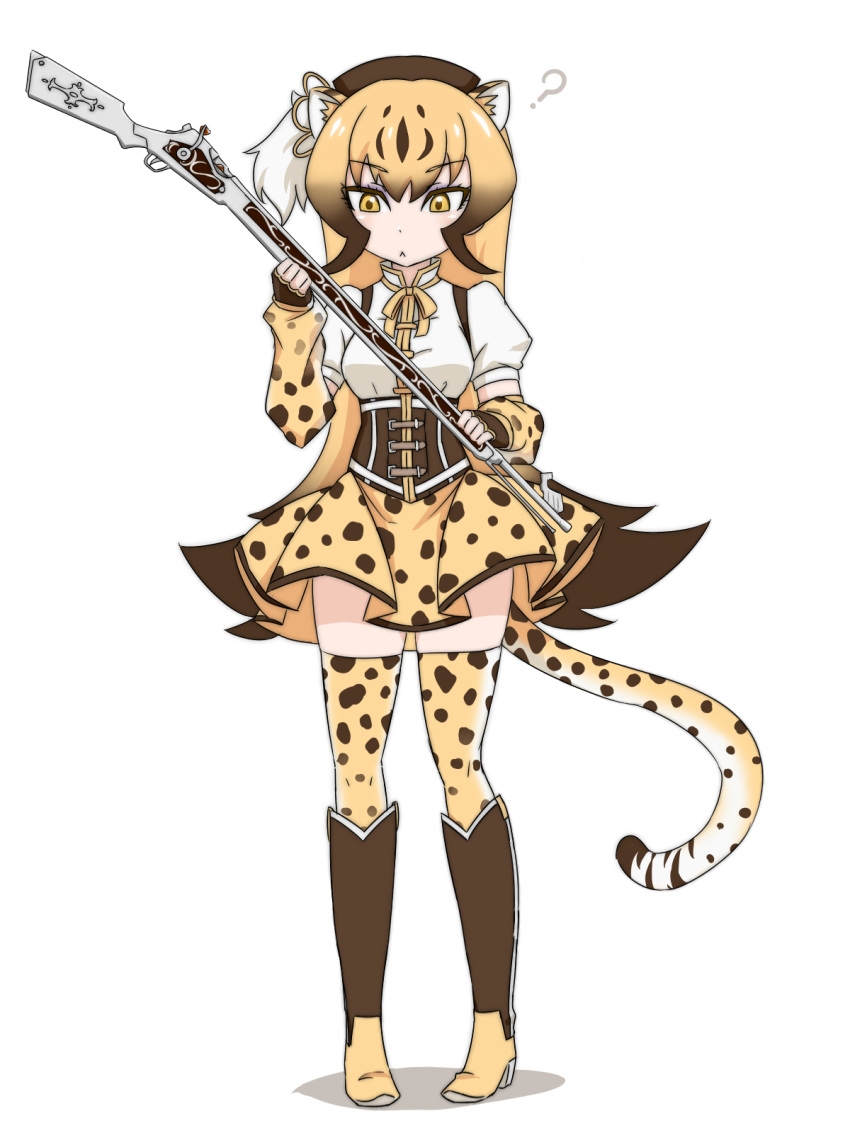 1girl :&lt; ? animal_ears animal_print bangs beret blonde_hair boots cheetah_(kemono_friends) cheetah_ears cheetah_print cheetah_tail closed_mouth corset cosplay detached_sleeves extra_ears eyebrows_visible_through_hair fingerless_gloves flipped_hair full_body gloves gun hat highres holding holding_gun holding_weapon kemono_friends long_hair looking_down magical_girl magical_musket mahou_shoujo_madoka_magica mizuhashi_kaori multicolored_hair neck_ribbon print_legwear print_skirt print_sleeves puffy_sleeves ribbon rifle seiyuu_connection sidelocks simple_background skirt solo standing tail thighhighs tomoe_mami tomoe_mami_(cosplay) tsukushi_(741789) tsurime two-tone_hair very_long_hair weapon white_background yellow_eyes zettai_ryouiki